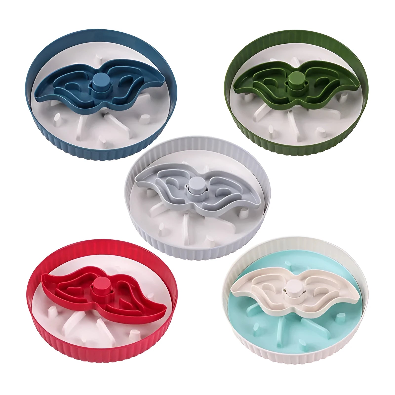 Pet slow feeder bowl with rotating game board and textured silicone licking mat in assorted colours.