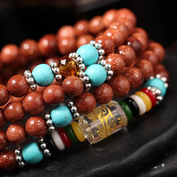 108 nugget sand six words mantra multi-circle bracelet with golden star stone and fu character