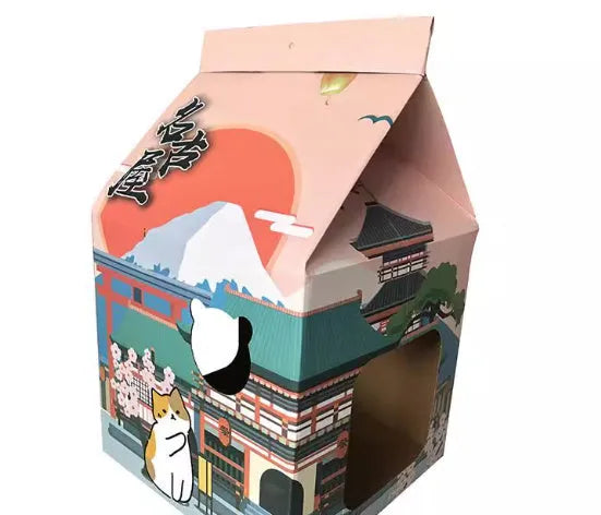 Foldable corrugated paper cat scratching board with Nagoya design serving as dual-purpose cat nest bed
