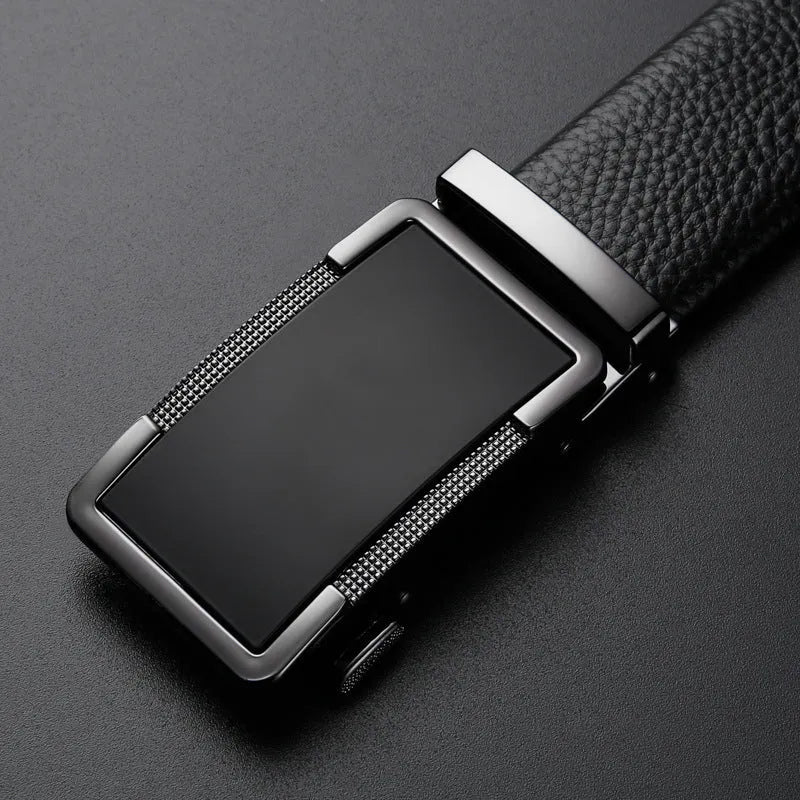 Men's leather automatic buckle belt in gun black, silver, and gold colour options showing the comfort click mechanism.