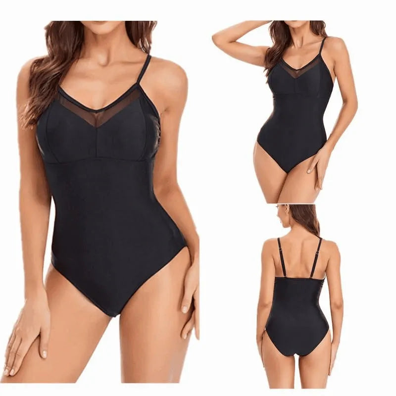 Ladies mesh solid colour one-piece swimsuit with backless design in black or blue, sizes S to XXL