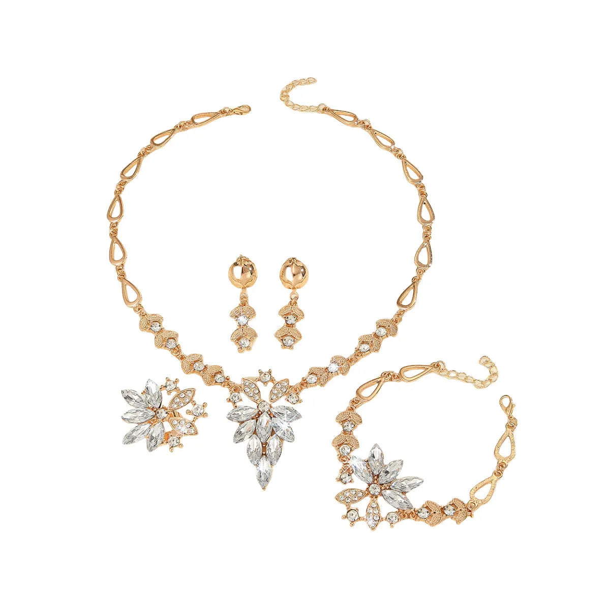 White electroplated alloy women's jewellery set earrings necklace ring bracelet with plant flower pattern