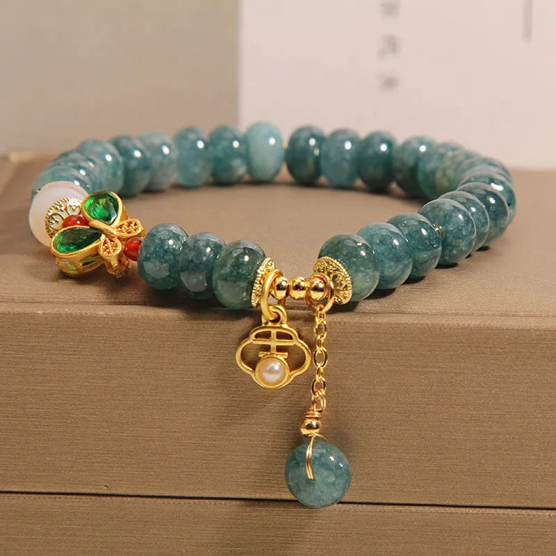 Natural blue water jade abacus beads crystal bracelet with white agate butterfly charm and rhinestones on alloy inlay