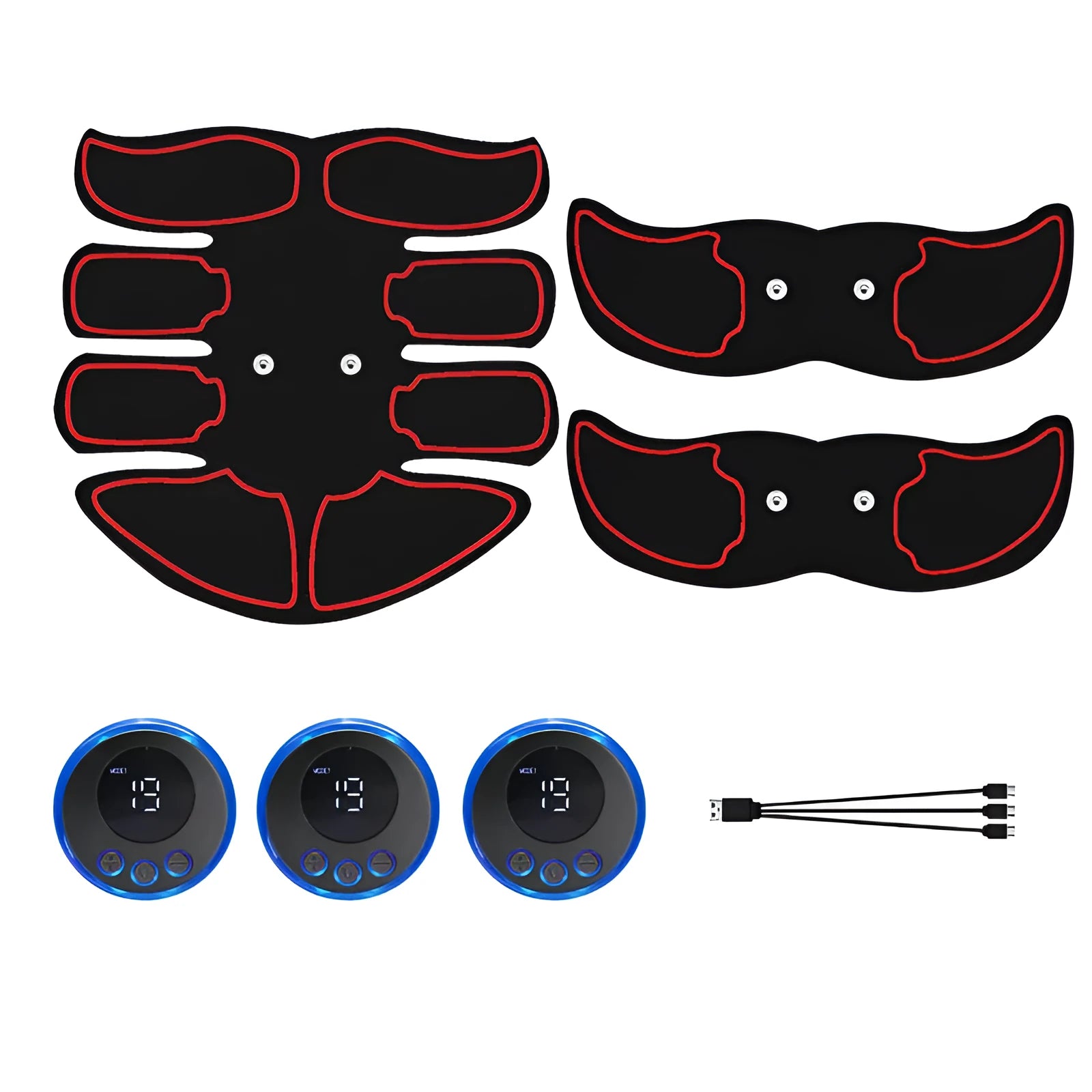 Abdominal muscle patch set with digital display in blue, red, and yellow edge options on a white background.