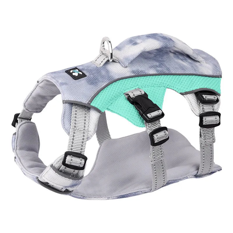 Reflective light blue dog cooling chest strap harness with metal chain ring.
