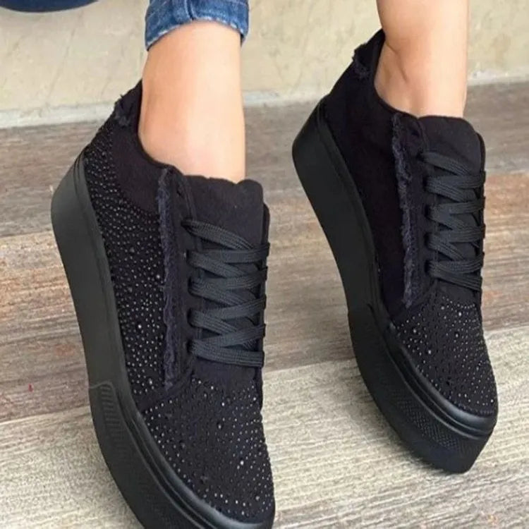 Plus size women's black casual lace-up shoes with rhinestone detail and a thick rubber chunky heel.