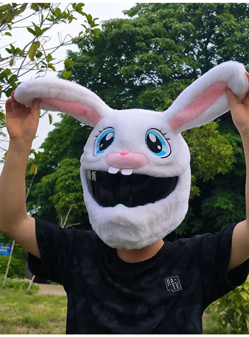 White rabbit head decorative helmet cover for electric motorcycles with long ears and plush material