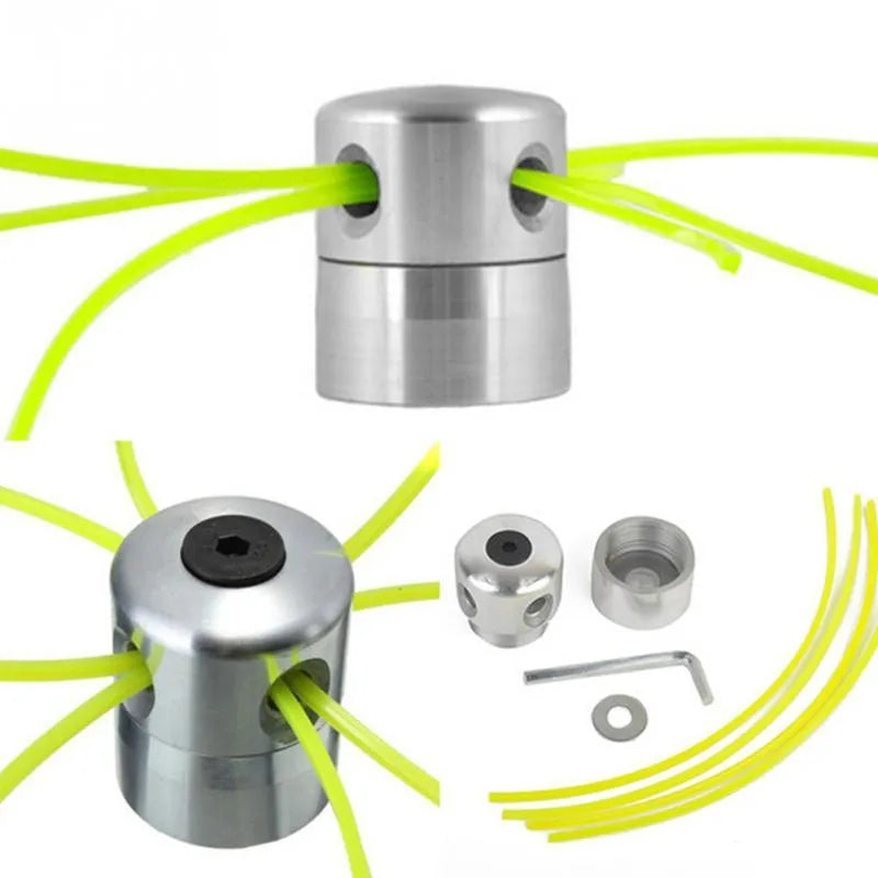 Silver aluminium lawn mower grass trimmer head with four light yellow square cords, wrench, and gasket
