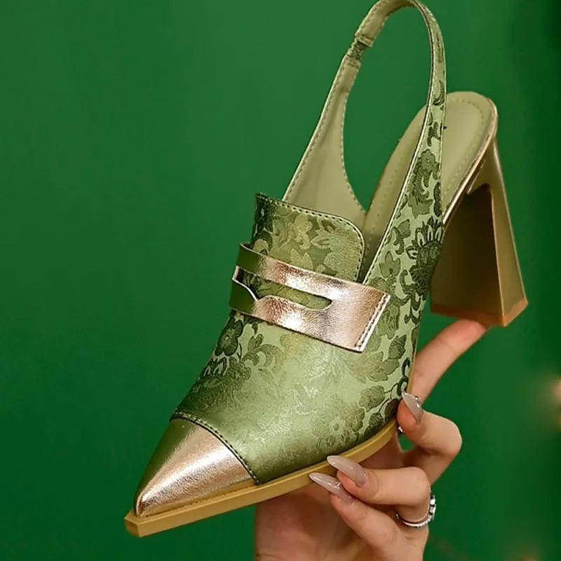 Printed high heels chunky heel pointed toe elastic band sandals microfiber upper rubber sole black champagne green sizes 35-39