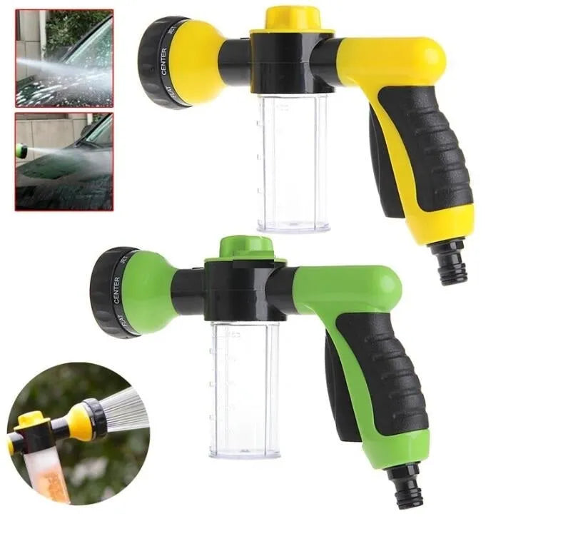 Green high-pressure foam spray gun with adjustable nozzle showing eight spray pattern settings