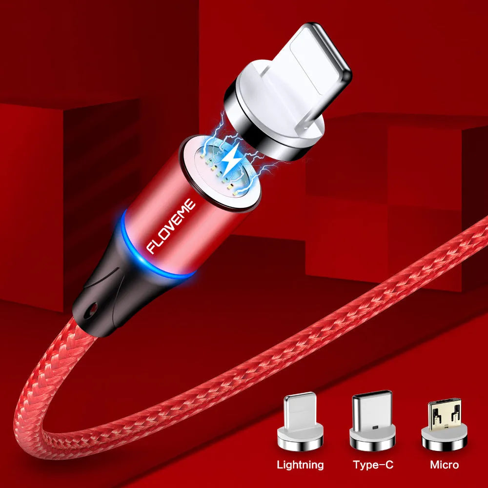 Black magnetic data cable with LED lighting showing Lightning, Micro USB, and USB-C connectors
