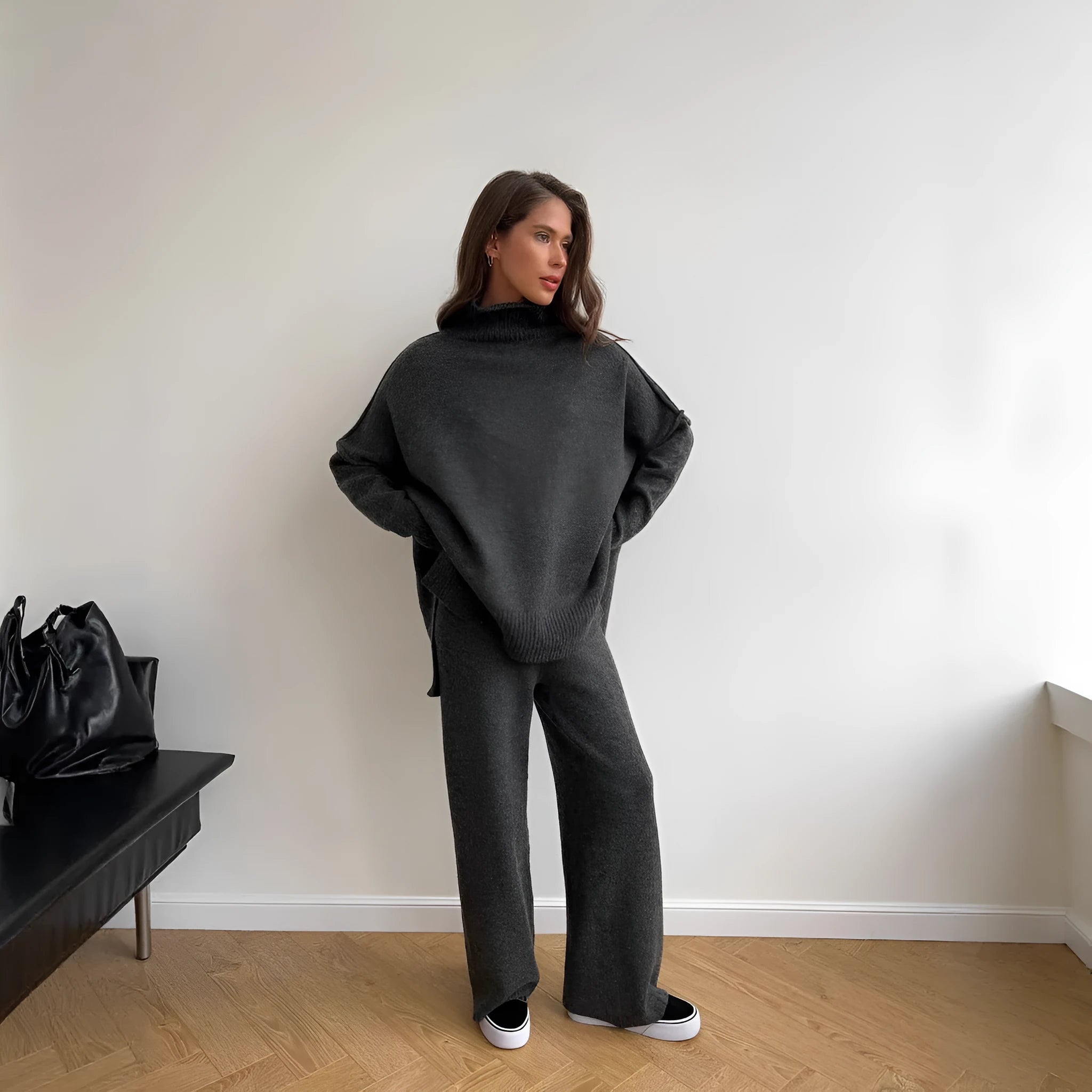 Women's side-slit acrylic sweater suit with matching trousers in solid colour options