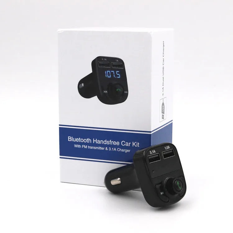HY82 Car MP3 Player and Bluetooth hands-free car kit plugged into a cigarette lighter socket.