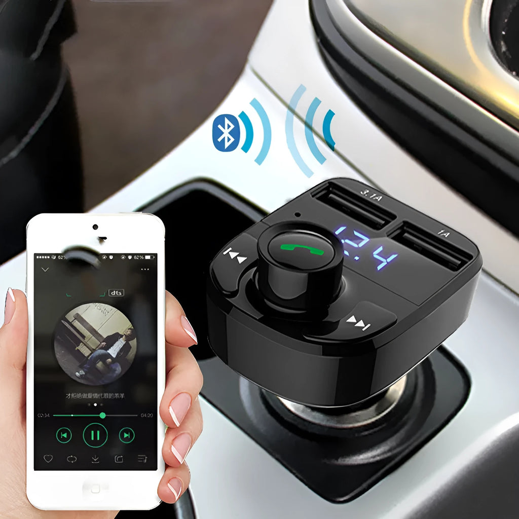 HY82 Car MP3 Player and Bluetooth hands-free car kit plugged into a cigarette lighter socket.