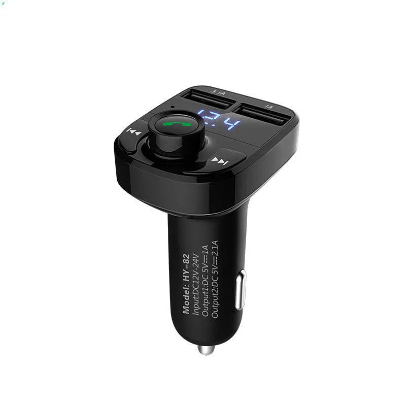 HY82 Car MP3 Player and Bluetooth hands-free car kit plugged into a cigarette lighter socket.
