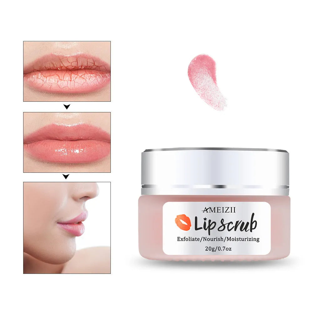 White jar of AMEIZII lip scrub with sugar for gentle exfoliation and moisturising lip repair, 30g