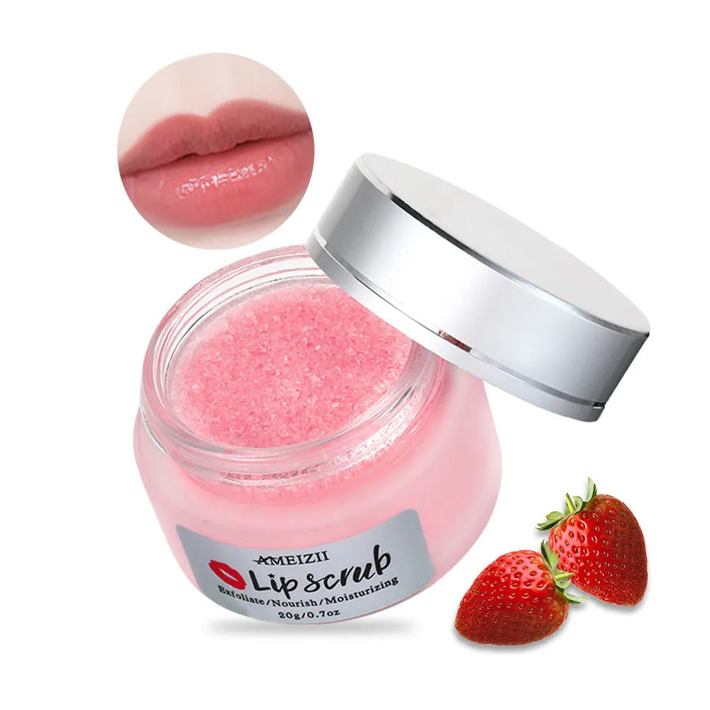 White jar of AMEIZII lip scrub with sugar for gentle exfoliation and moisturising lip repair, 30g