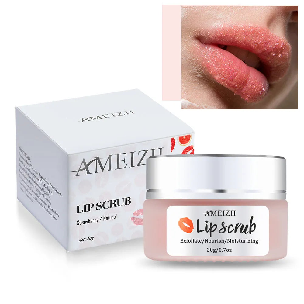 White jar of AMEIZII lip scrub with sugar for gentle exfoliation and moisturising lip repair, 30g