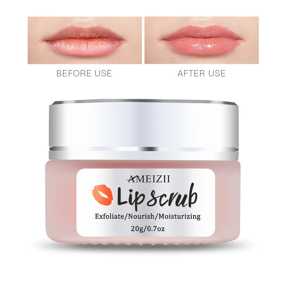 White jar of AMEIZII lip scrub with sugar for gentle exfoliation and moisturising lip repair, 30g