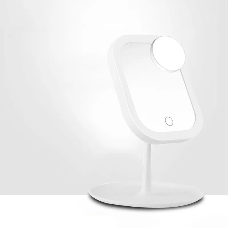 Desktop mirror with fill light and five times lens on a bathroom vanity countertop