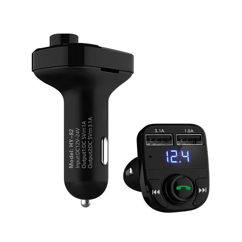 HY82 Car MP3 Player and Bluetooth hands-free car kit plugged into a cigarette lighter socket.
