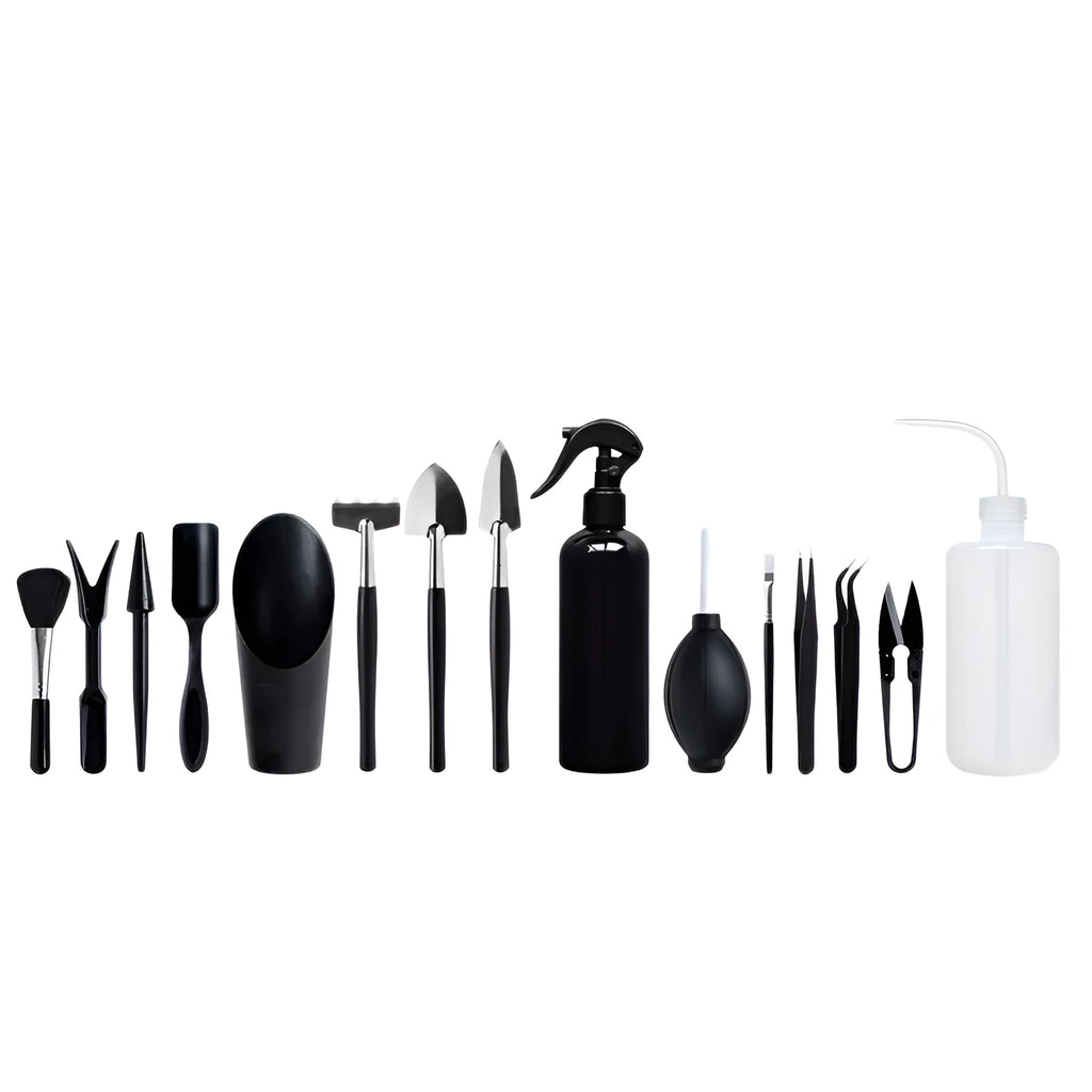 Black miniature gardening tool set with 16 pieces including tweezers, shovels, watering bottle, and cushion for succulent care
