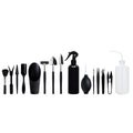 Black miniature gardening tool set with 16 pieces including tweezers, shovels, watering bottle, and cushion for succulent care