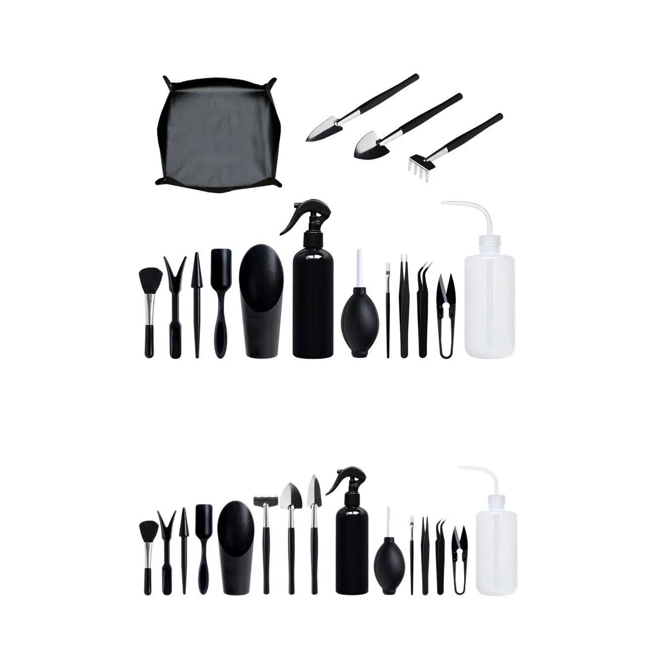 Black miniature gardening tool set with 16 pieces including tweezers, shovels, watering bottle, and cushion for succulent care