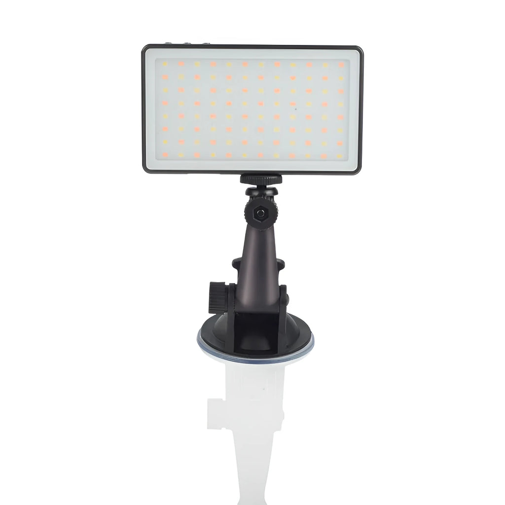 Black aluminium LED conference light with OLED screen, for laptop video call lighting