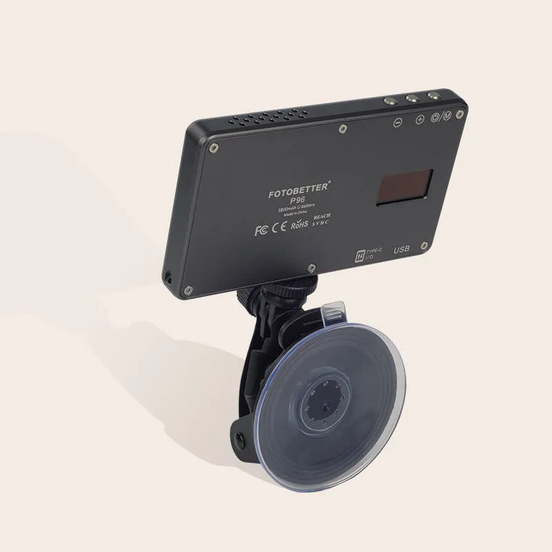 Black aluminium LED conference light with OLED screen, for laptop video call lighting