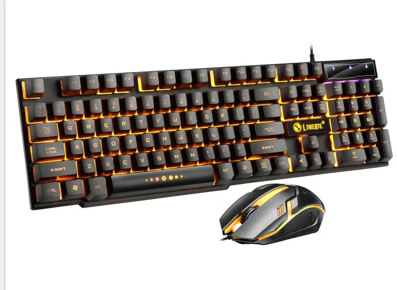 Limei GTX300 white RGB backlit gaming keyboard and mouse set on a desktop