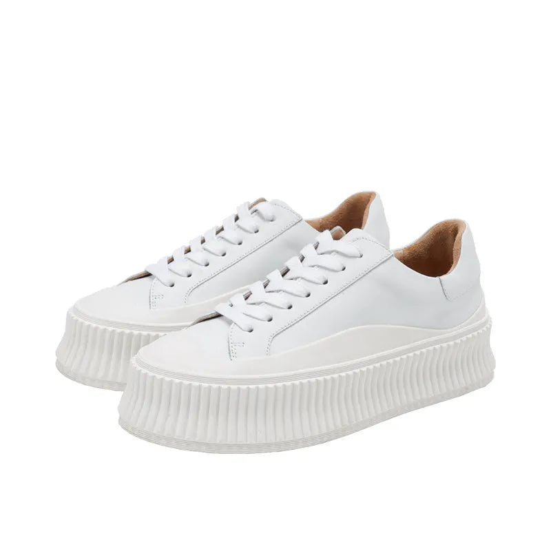 Women's thick bottom small white shoes with mid-upper height and back lacing system