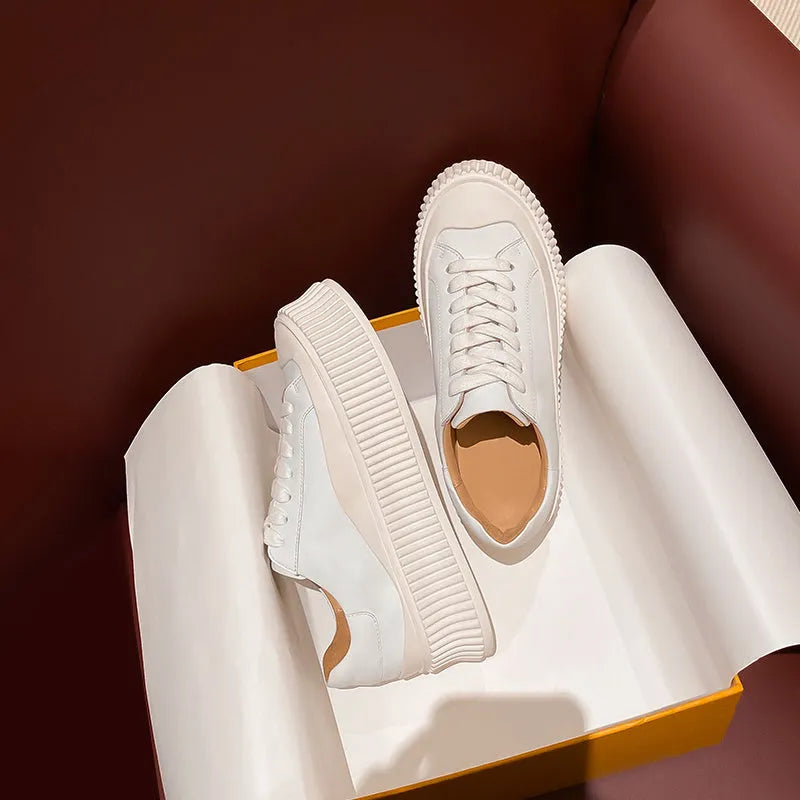 Women's thick bottom small white shoes with mid-upper height and back lacing system