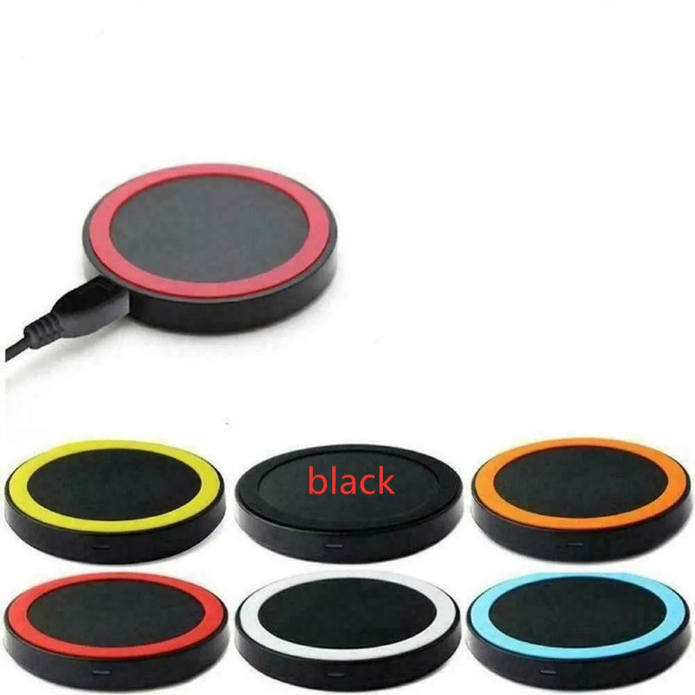 Square Qi wireless charging pad in one of six colours, showing compact 69mm size on a desk.