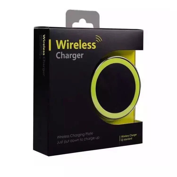 Square Qi wireless charging pad in one of six colours, showing compact 69mm size on a desk.