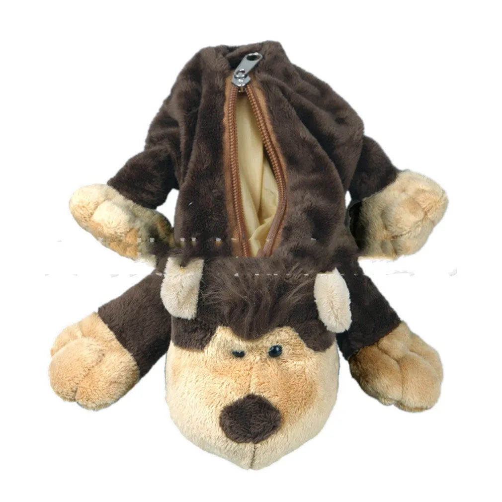 Children's plush pencil case in cartoon animal style, 27cm length, 8cm width, orange and brown colours