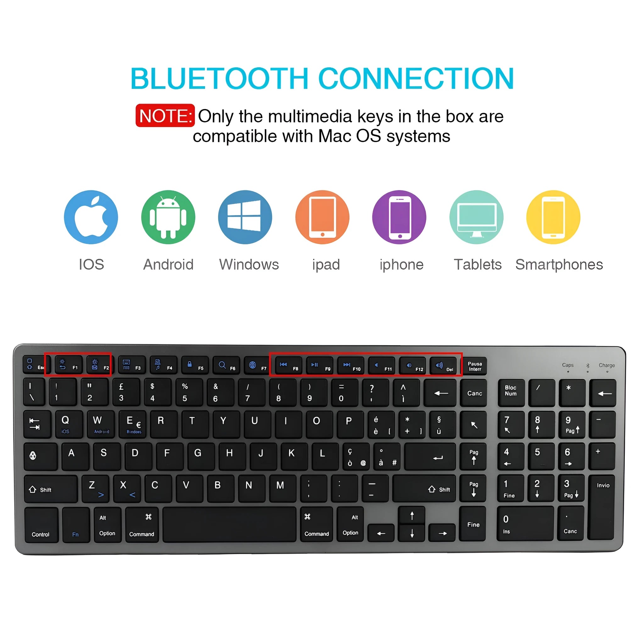 Ultra-thin Bluetooth wireless keyboard for tablets and mobile phones showing 104-key layout