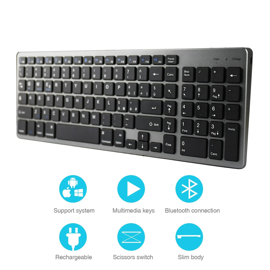 Ultra-thin Bluetooth wireless keyboard for tablets and mobile phones showing 104-key layout