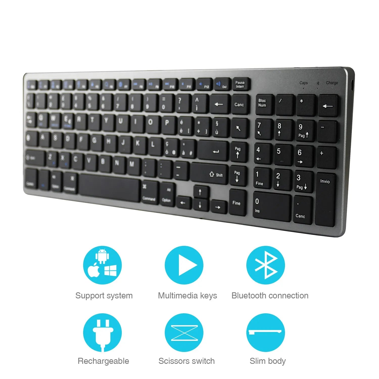 Ultra-thin Bluetooth wireless keyboard for tablets and mobile phones showing 104-key layout