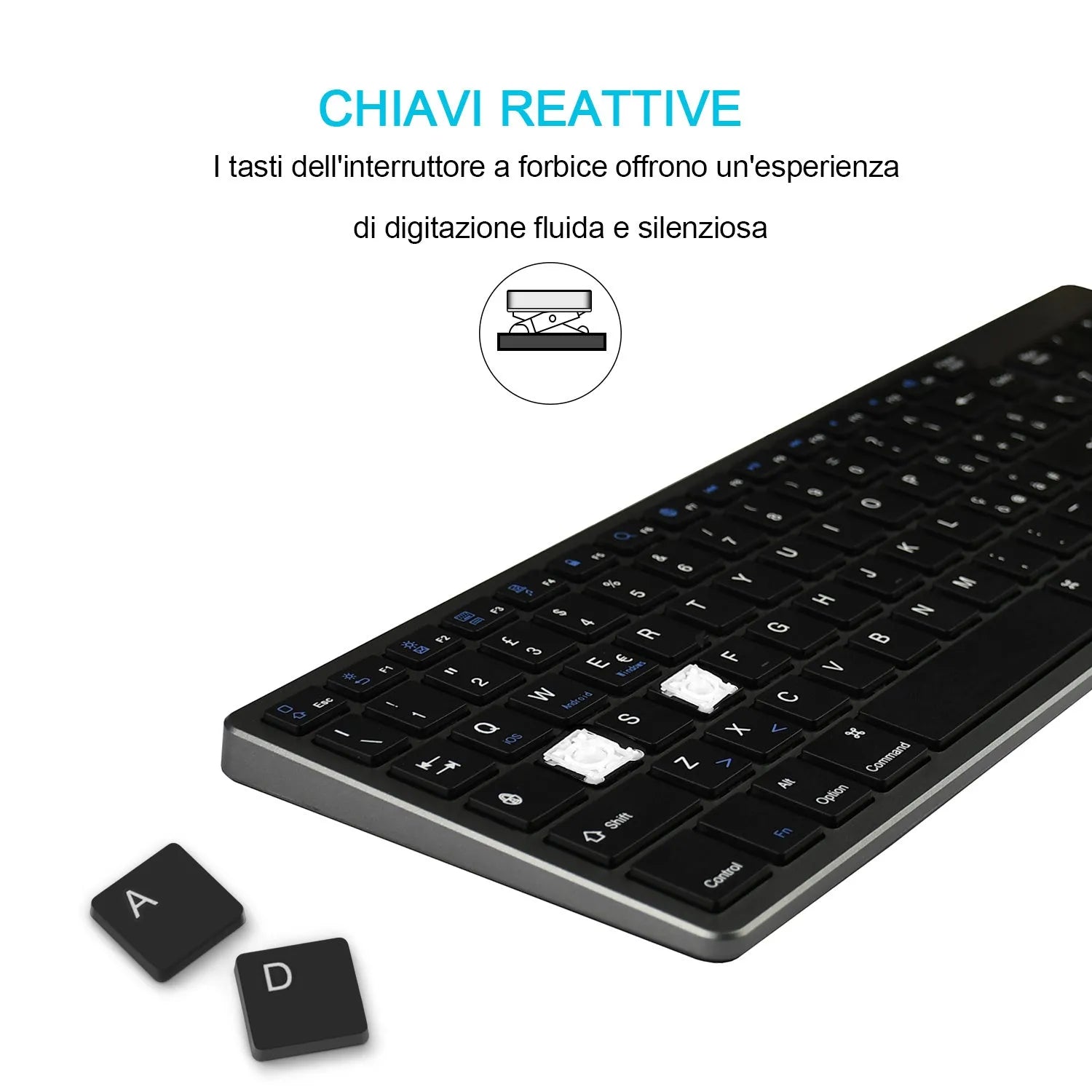 Ultra-thin Bluetooth wireless keyboard for tablets and mobile phones showing 104-key layout