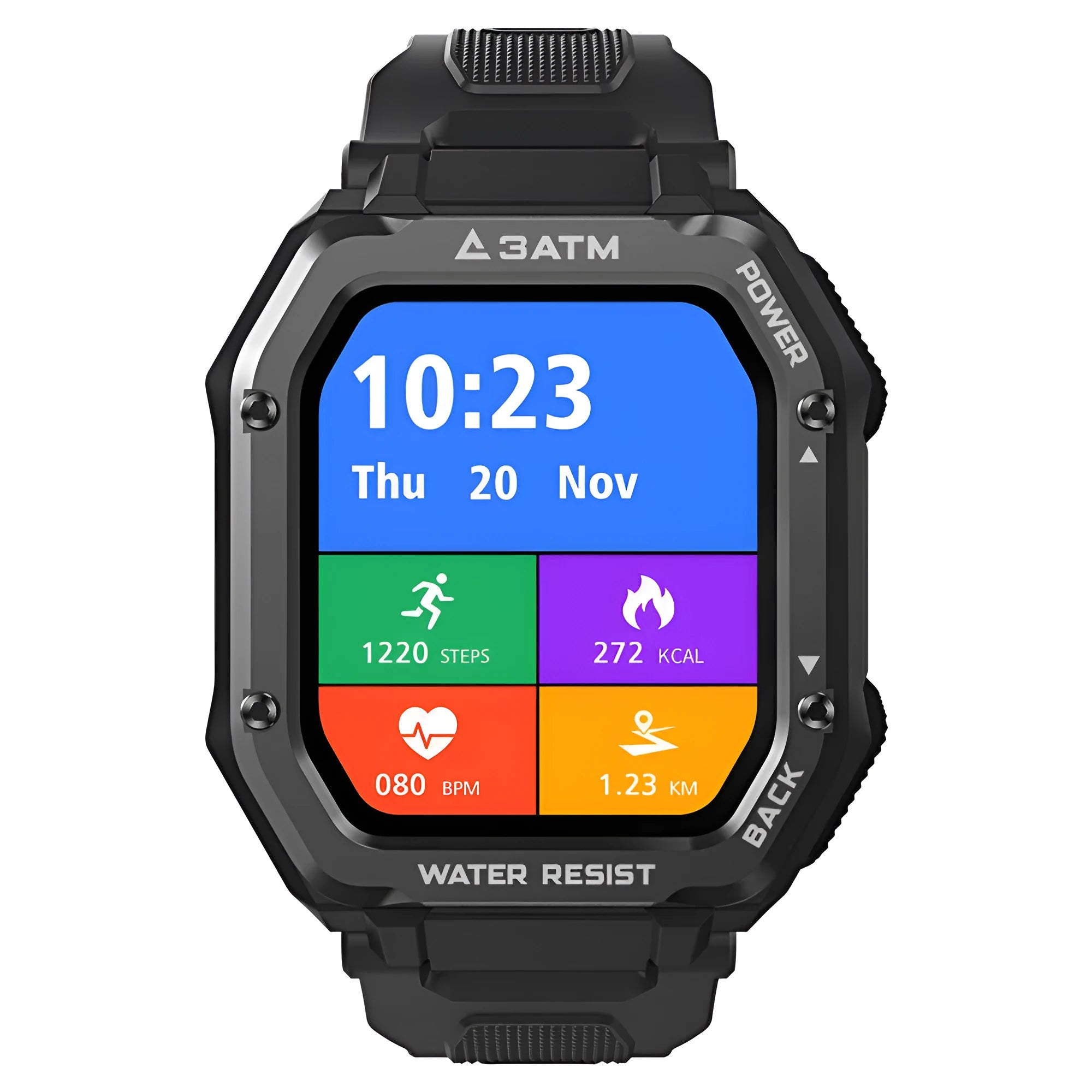 Rugged outdoor smart watch with 1.69-inch screen showing sports tracking interface