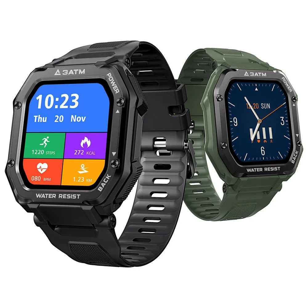 Rugged outdoor smart watch with 1.69-inch screen showing sports tracking interface