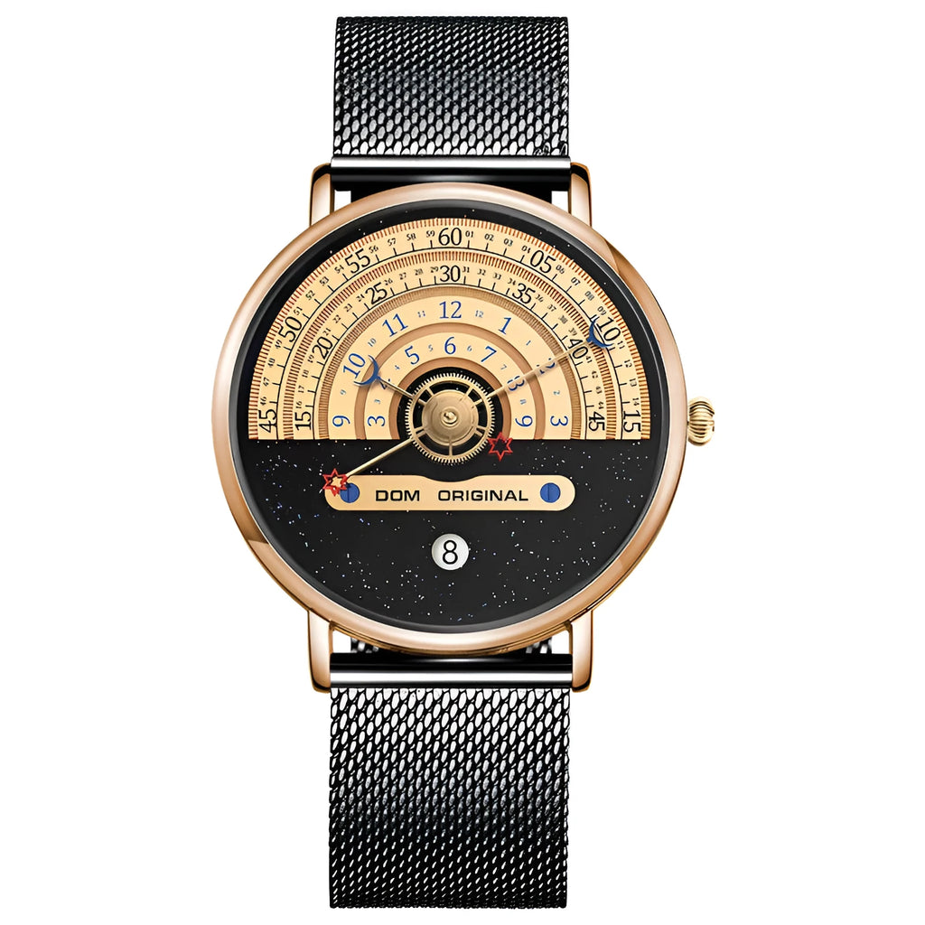 Mens sports quartz watch with 40mm round dial, stainless steel strap, and gold tone case