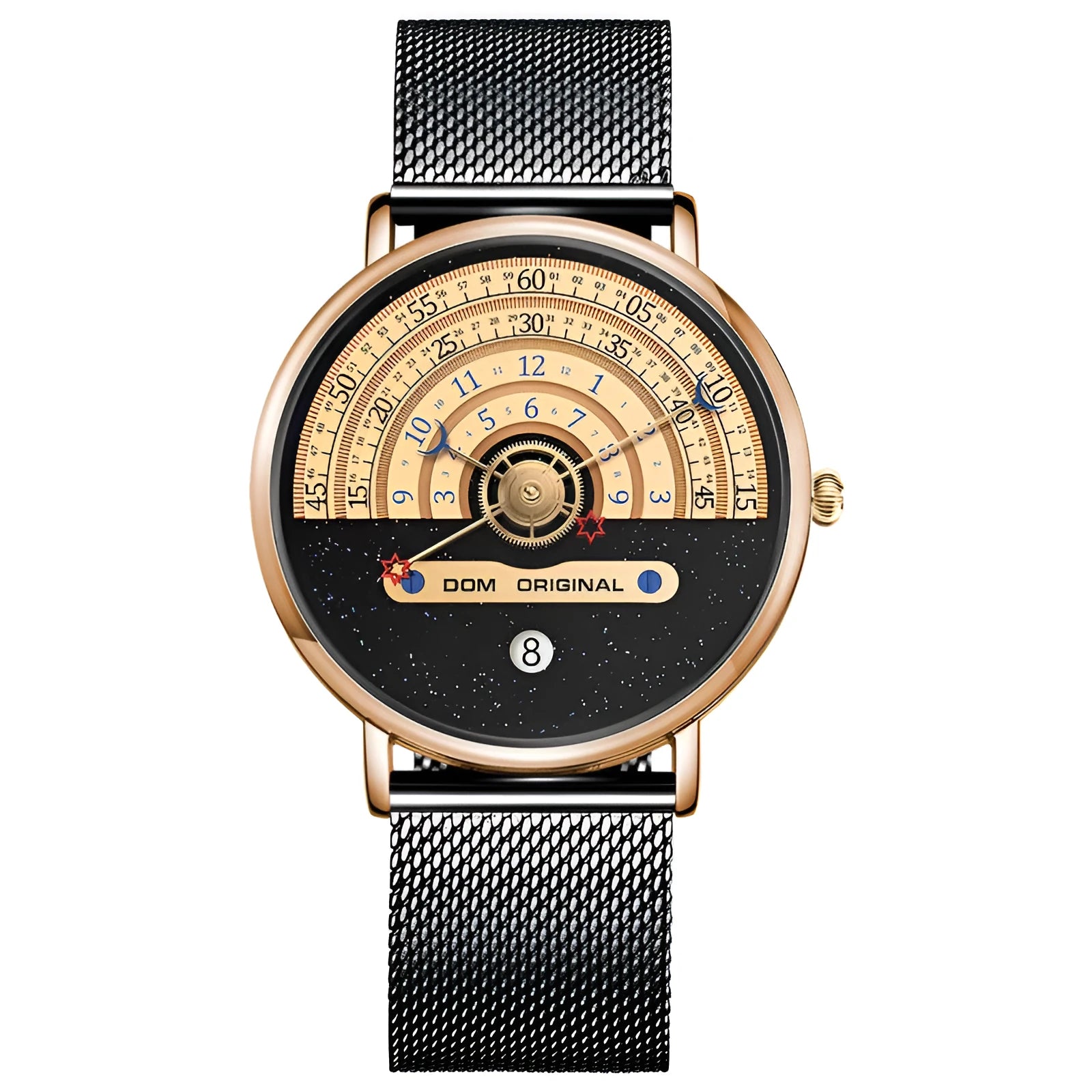Mens sports quartz watch with 40mm round dial, stainless steel strap, and gold tone case