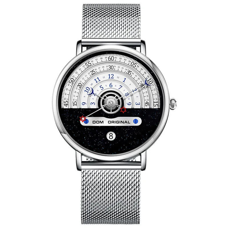 Mens sports quartz watch with 40mm round dial, stainless steel strap, and gold tone case