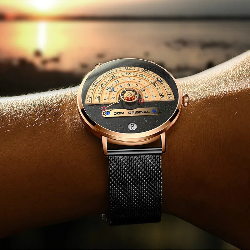 Mens sports quartz watch with 40mm round dial, stainless steel strap, and gold tone case