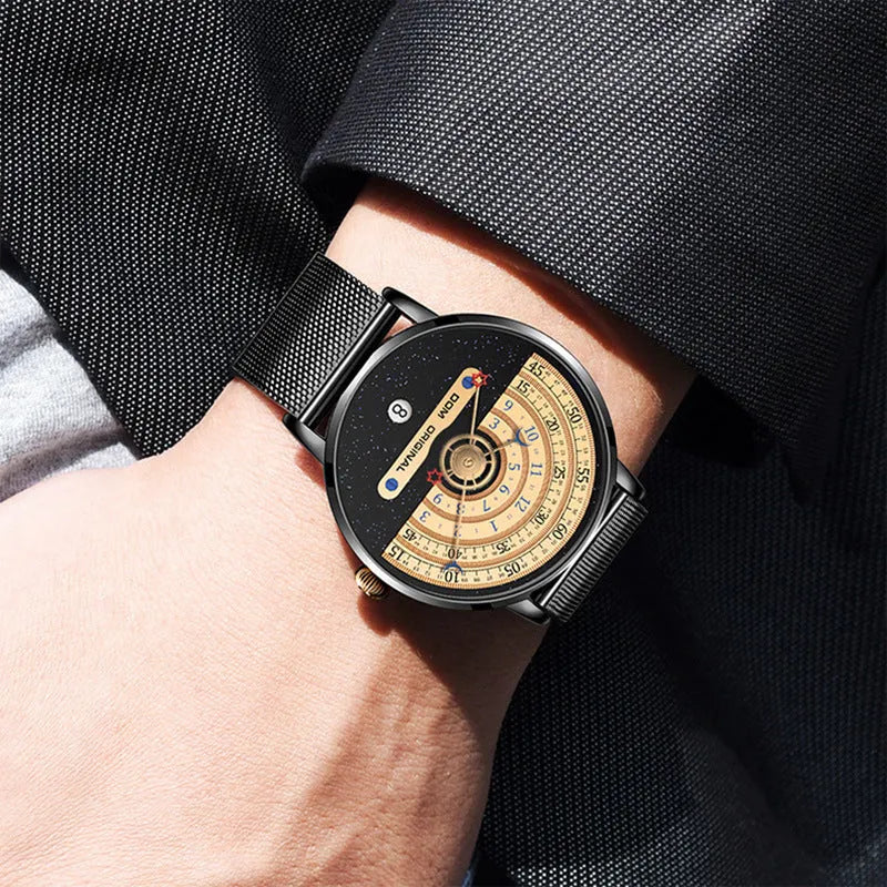 Mens sports quartz watch with 40mm round dial, stainless steel strap, and gold tone case