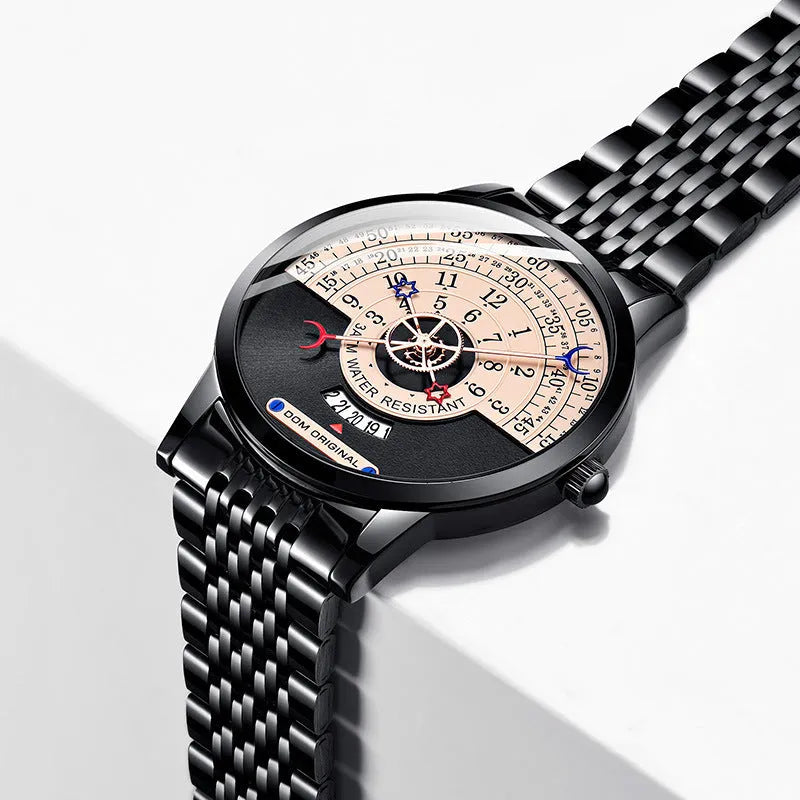 Mens sports quartz watch with 40mm round dial, stainless steel strap, and gold tone case