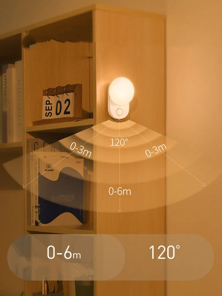 White rechargeable sensor night light with motion detection and LED illumination for bedroom use