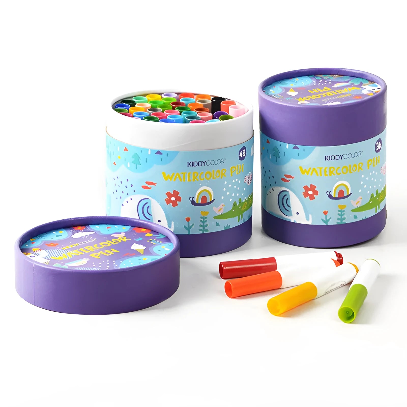 Children's washable brush watercolour pens in 36 and 48 colour plastic barrel sets